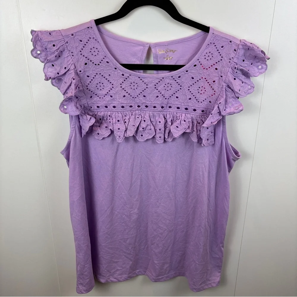 NWT Lilly Pulitzer Lavender Eyelet Lace Ruffle Sleeveless Bev Top Purple sz XL - Picture 2 of 9